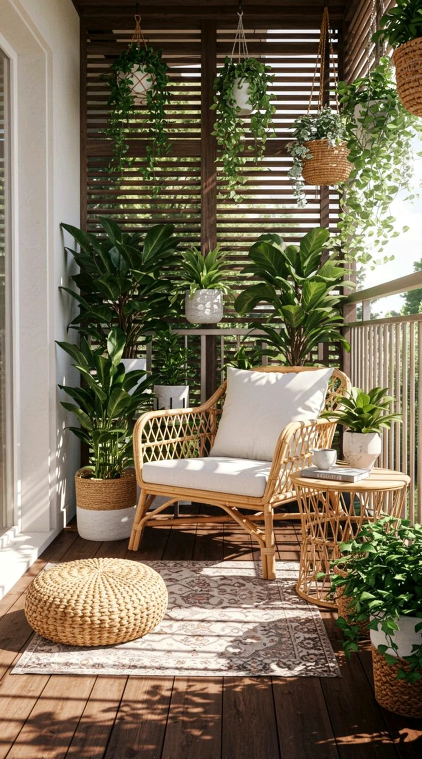 Leafy wooden deck anchors the sitting area with focus, giving the view a mood that feels visually grounded.