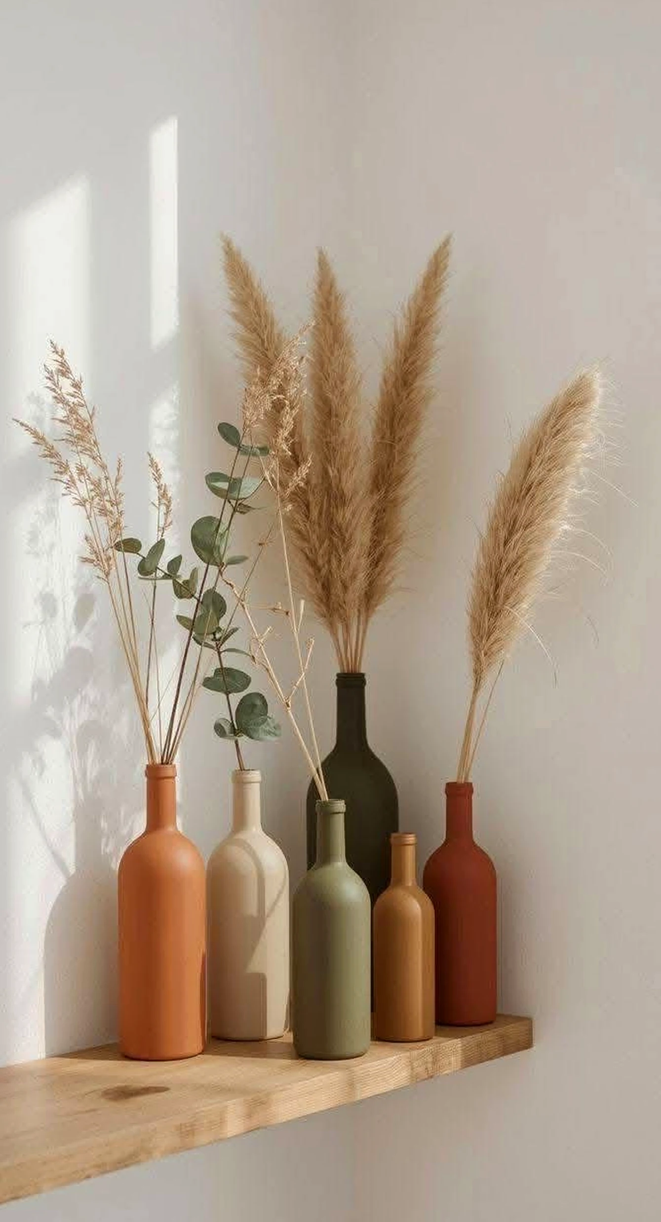 Leafy wood shelving brings a useful note of rhythm, making the backdrop feel simple yet expressive.