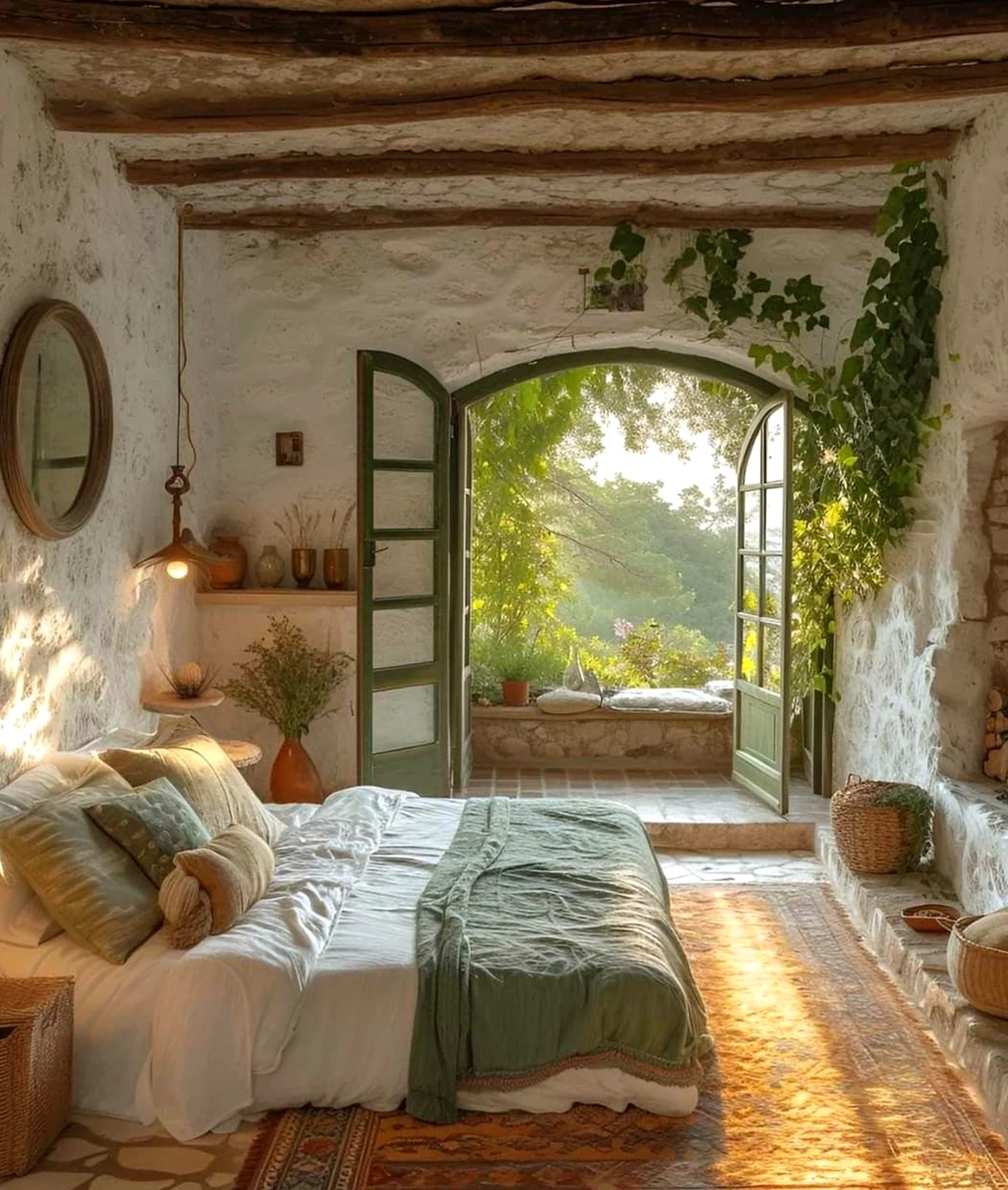 Natural arched doorway brings a useful note of depth, making the wall feel simple yet expressive.