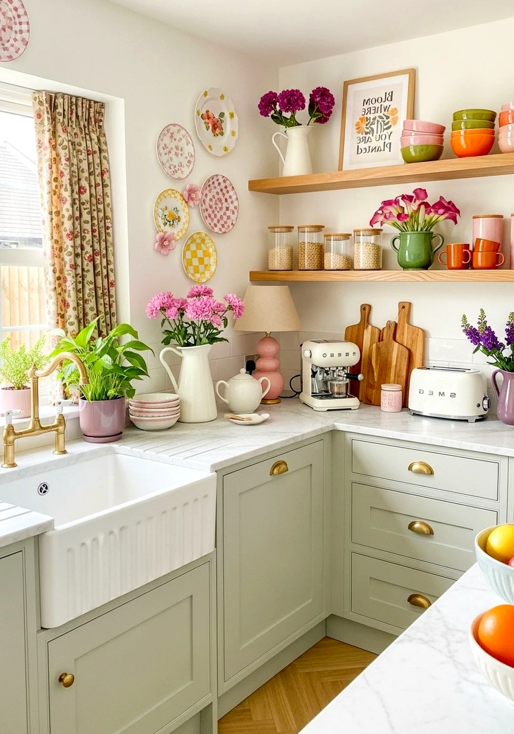 Elegant floral bed supports the wall through personality, leaving the space feeling warm without clutter.