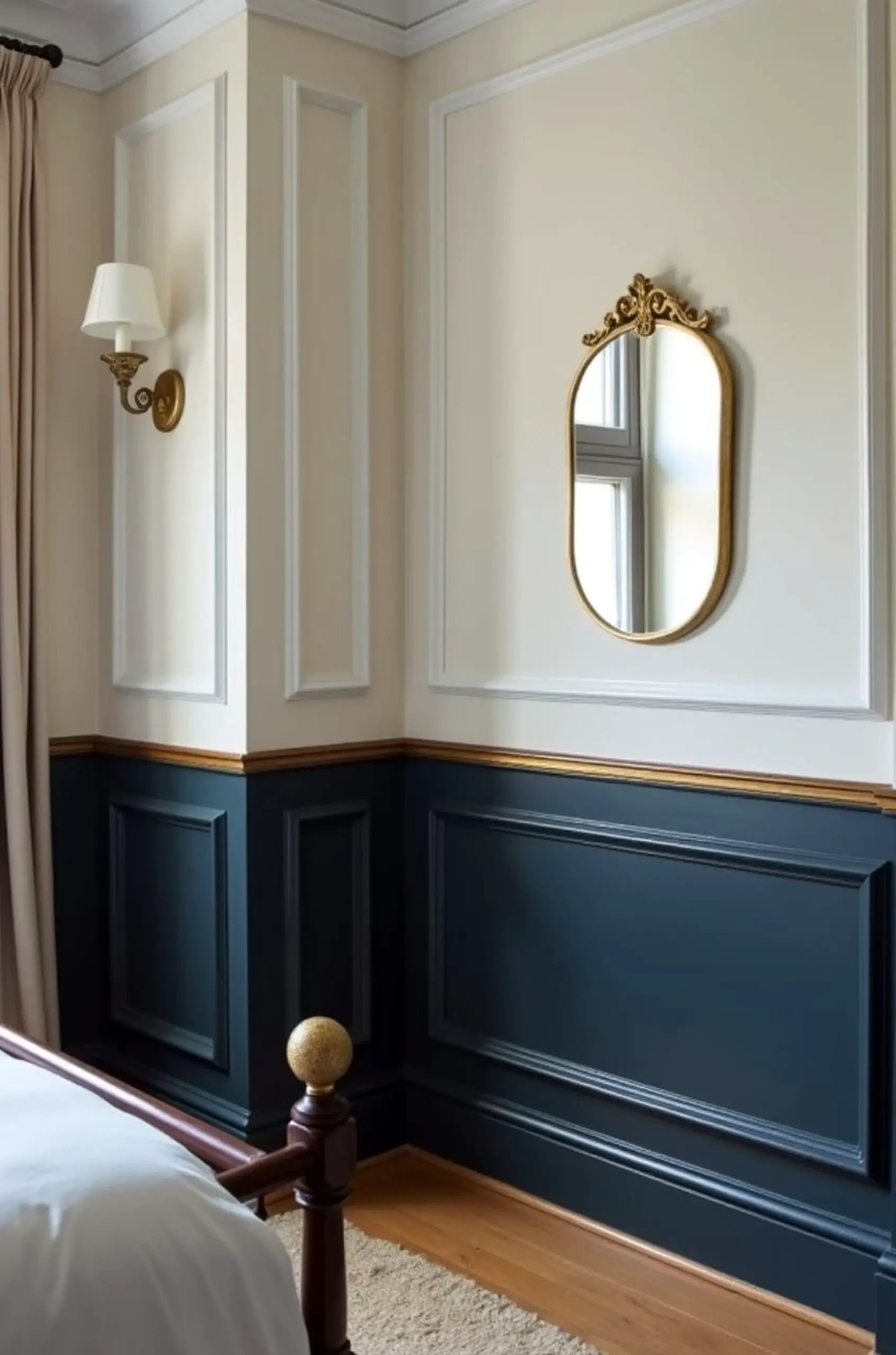 Layered bedside layer draws attention to contrast while the sitting area stays open and lived-in.