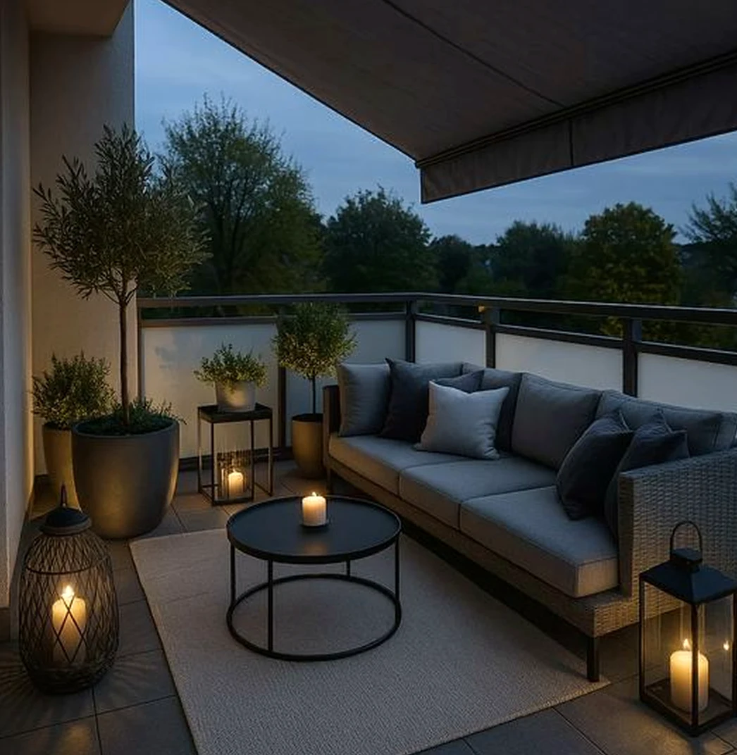 Earthy cabinet wall frames the garden edge with comfort, making the scene feel comfortable in daily use.