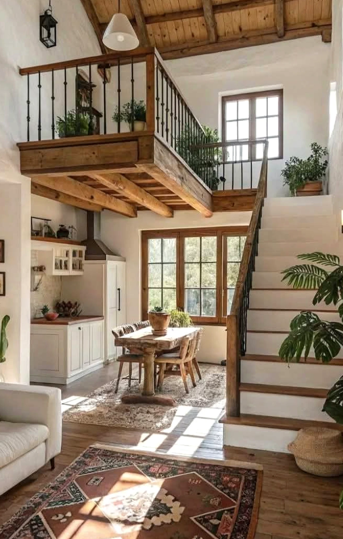 Compact plant shelf gives the table more balance, so the whole view feels warm without clutter.