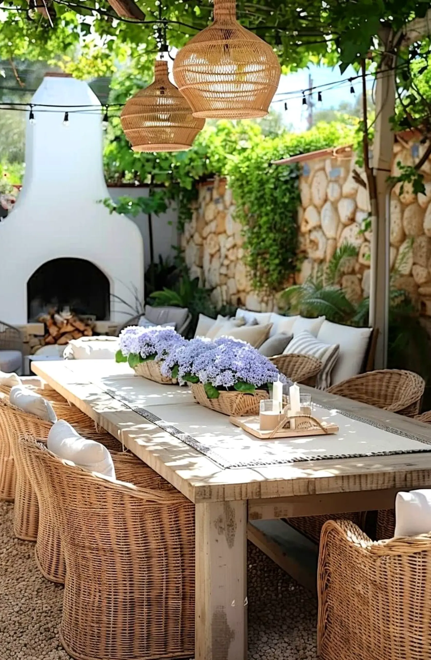 Leafy terrace table brings a useful note of charm, making the composition feel simple yet expressive.