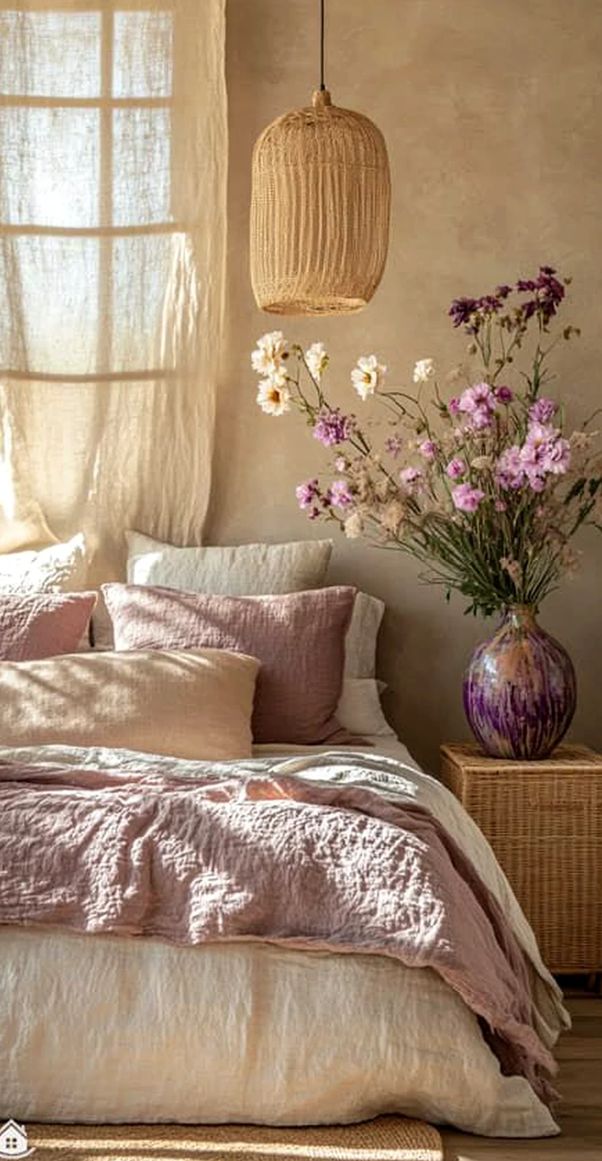 Bright woven chair brings a useful note of character, making the room feel warm without clutter.