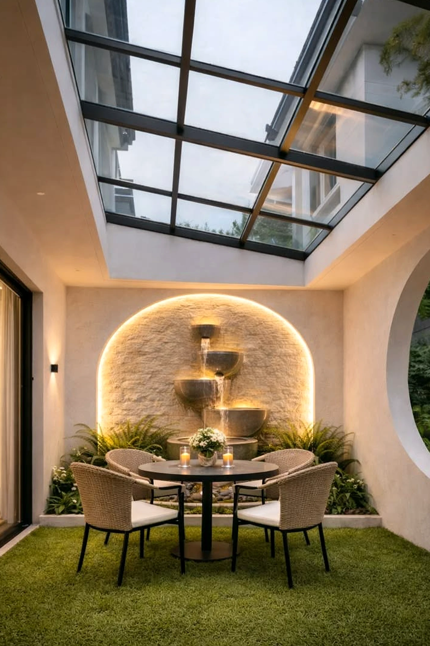 Balanced fireplace area frames the wall with warmth, making the scene feel visually grounded.