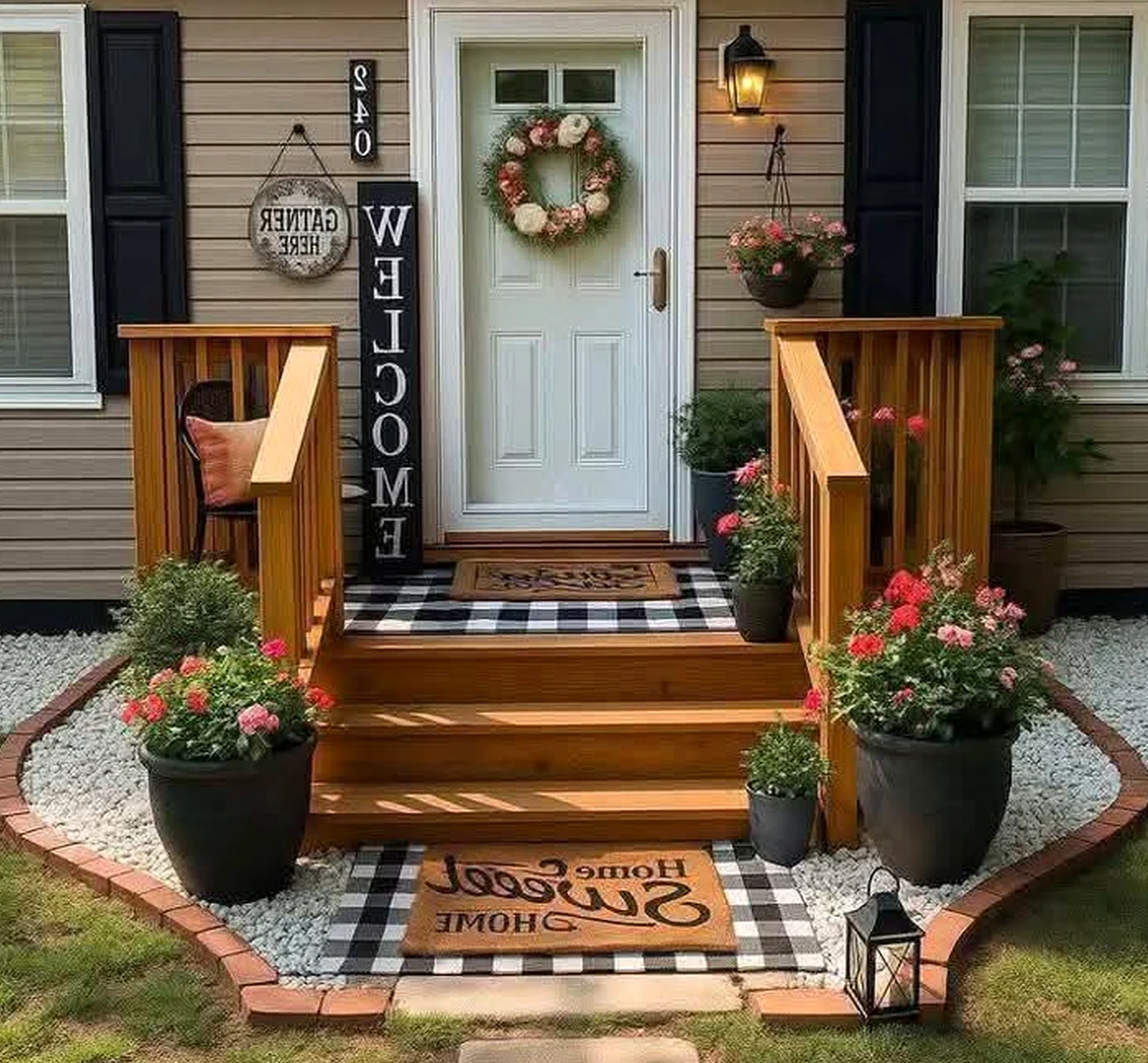 Layered garden seating gives the garden edge more freshness, so the whole view feels pleasantly composed.