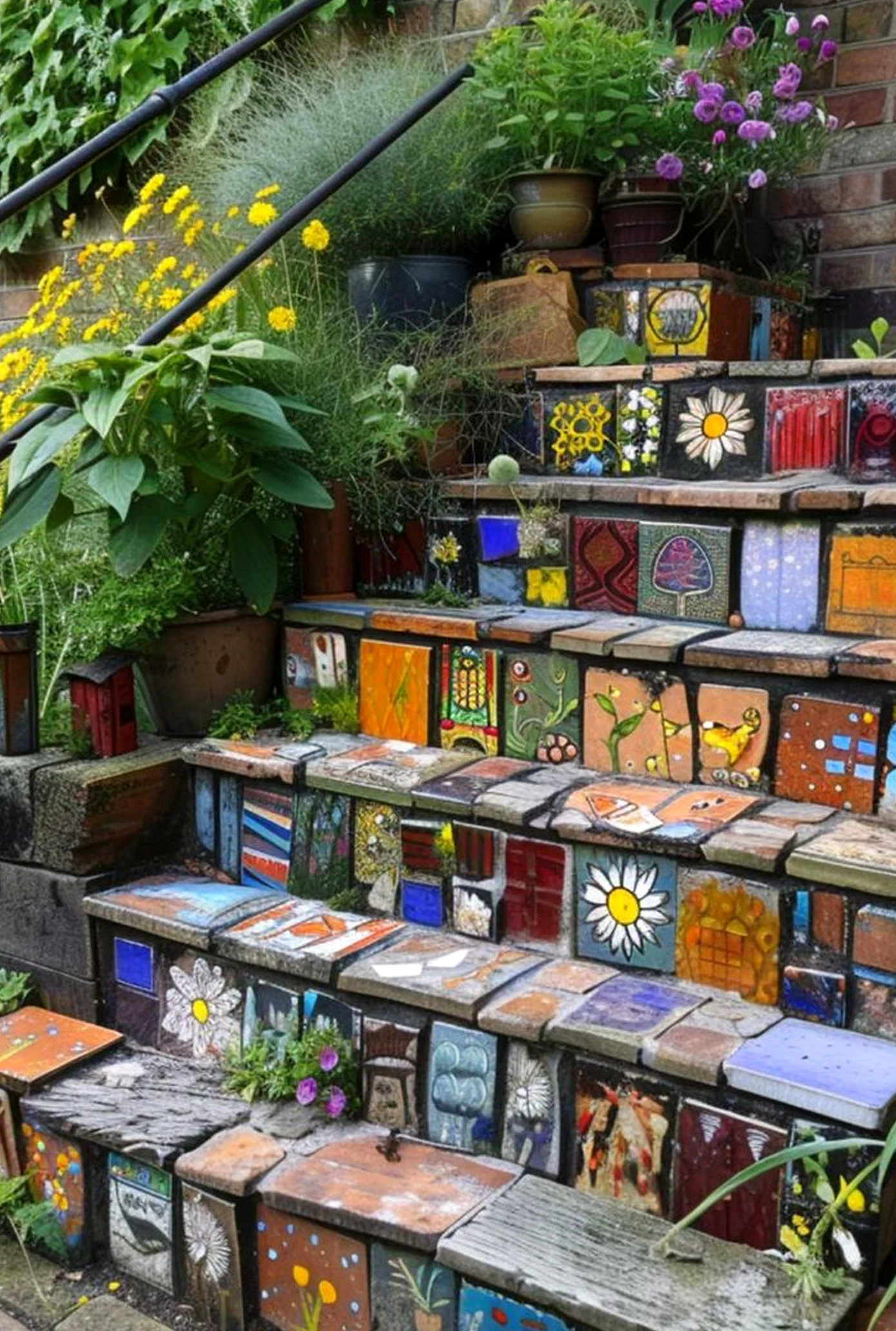 Layered garden seating gives the wall more comfort, so the whole view feels ready for quiet use.