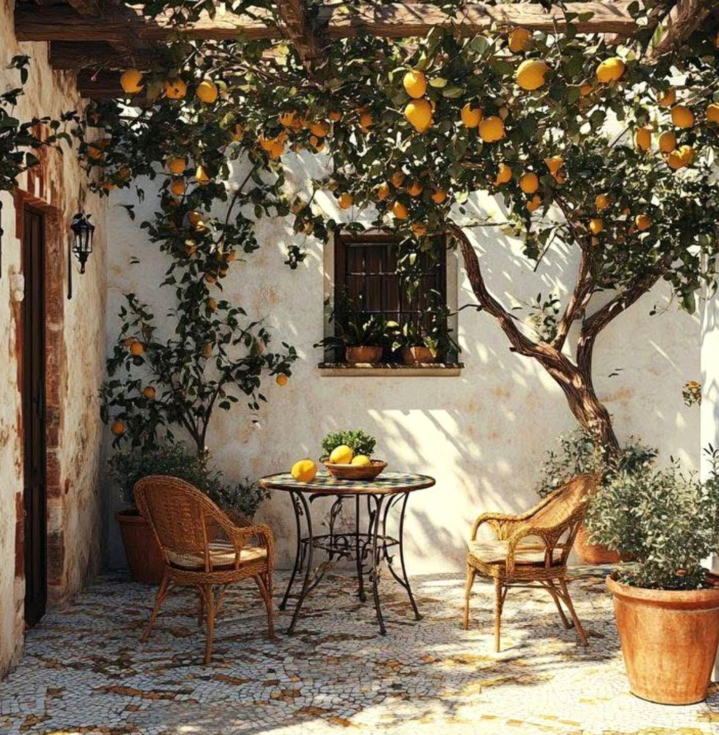 Luminous patio corner draws attention to freshness while the table stays easy to enjoy.