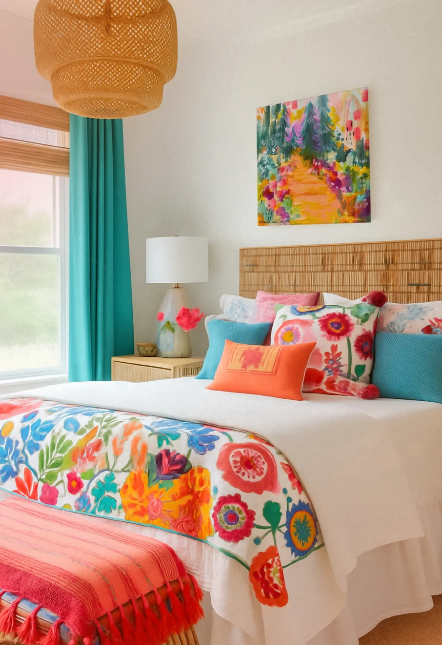 Leafy floral bed brings a useful note of detail, making the backdrop feel ready for quiet use.