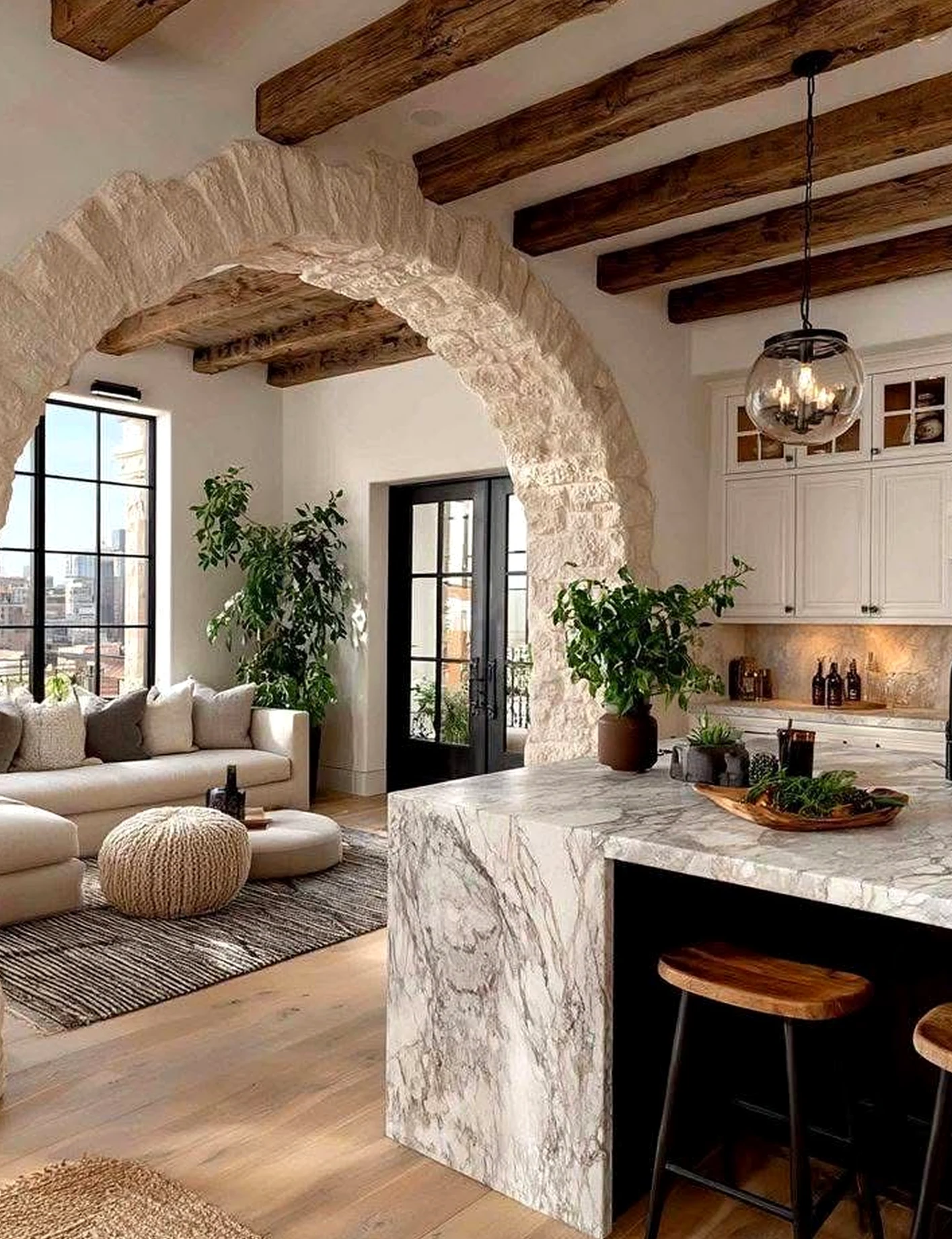 Earthy cabinet wall adds contrast across the design, giving the decor a finish that feels simple yet expressive.