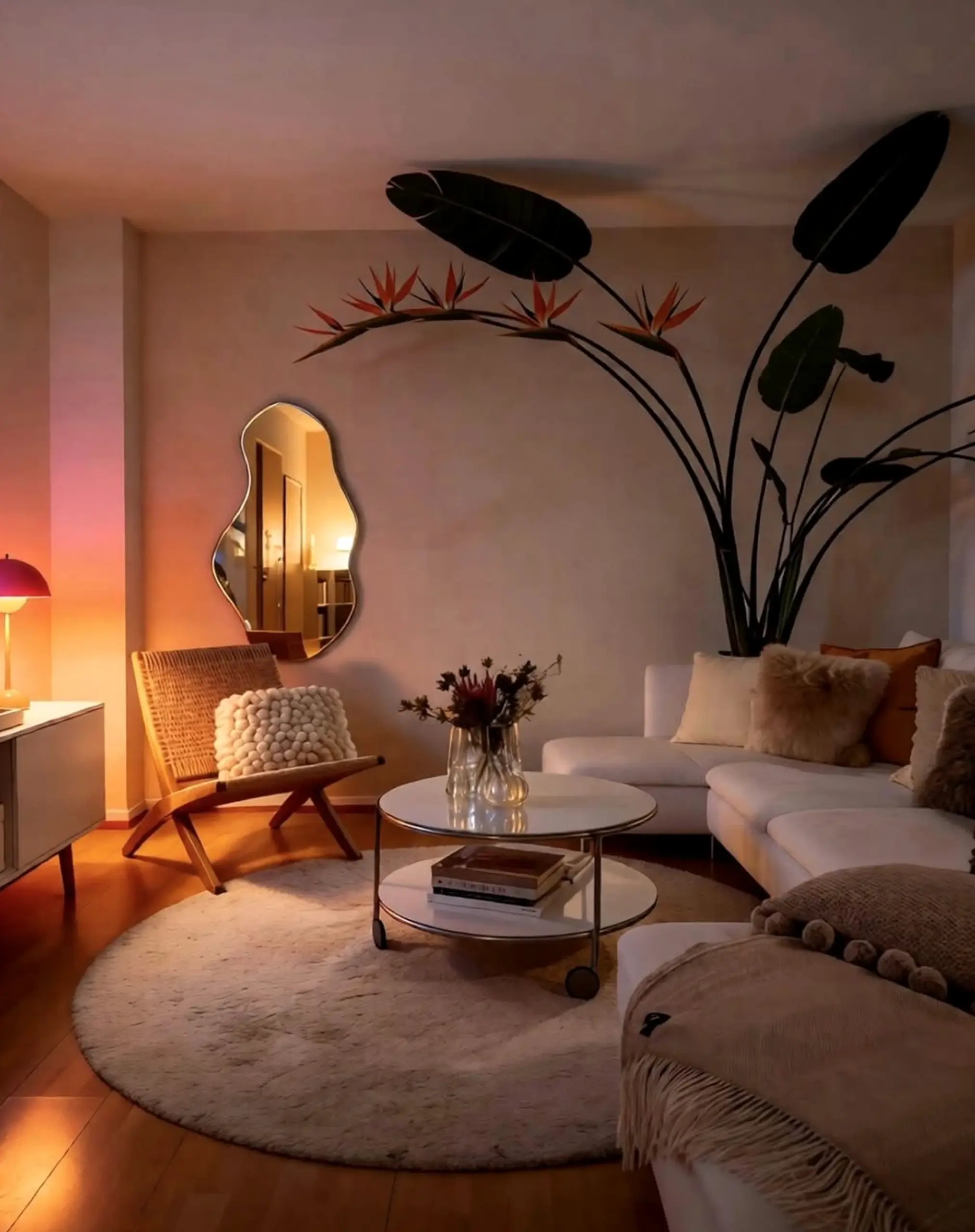 Earthy wall niche frames the design with shape, making the scene feel settled and welcoming.