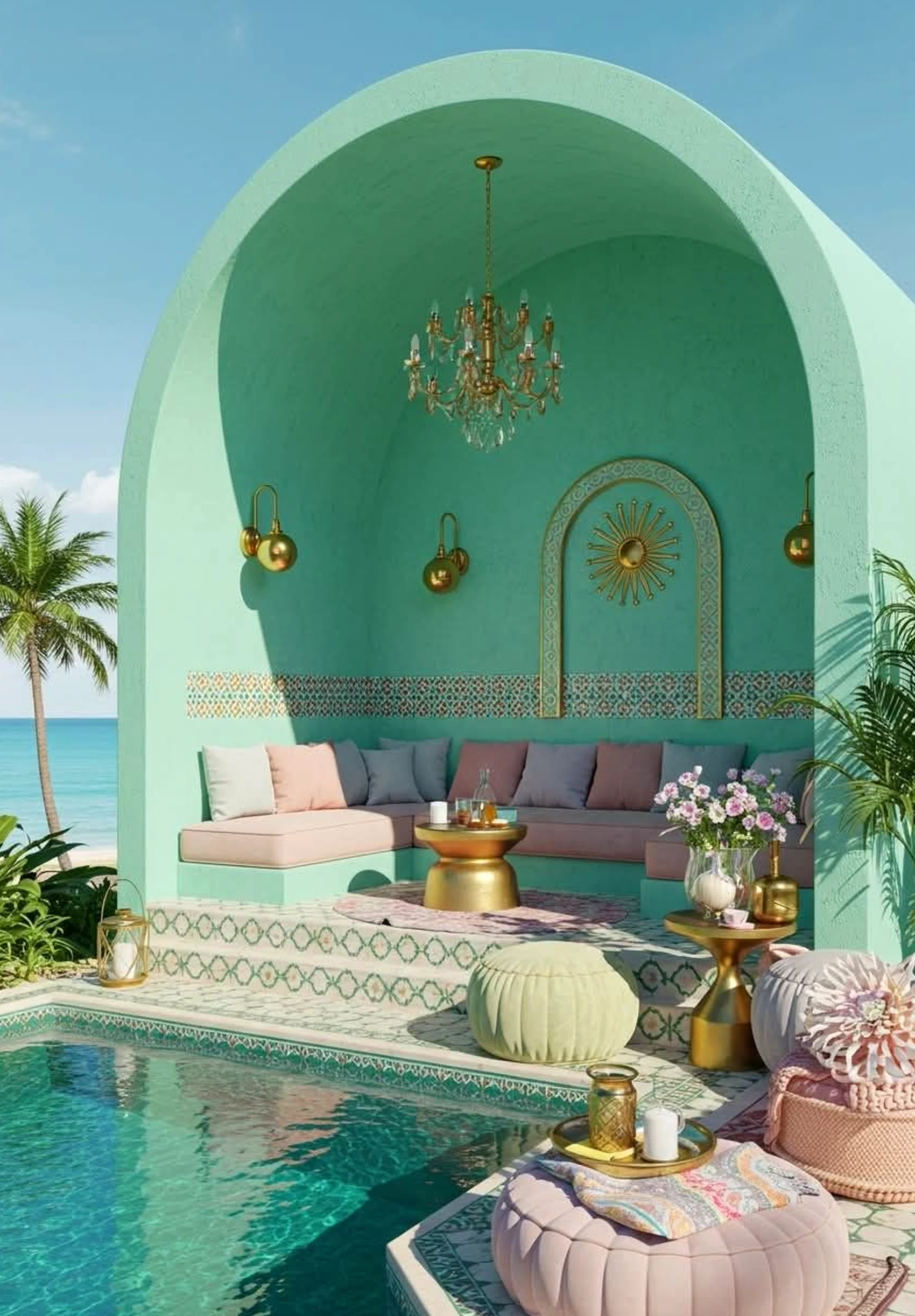 Sunny greenhouse corner introduces order into the composition, keeping the atmosphere comfortable in daily use.