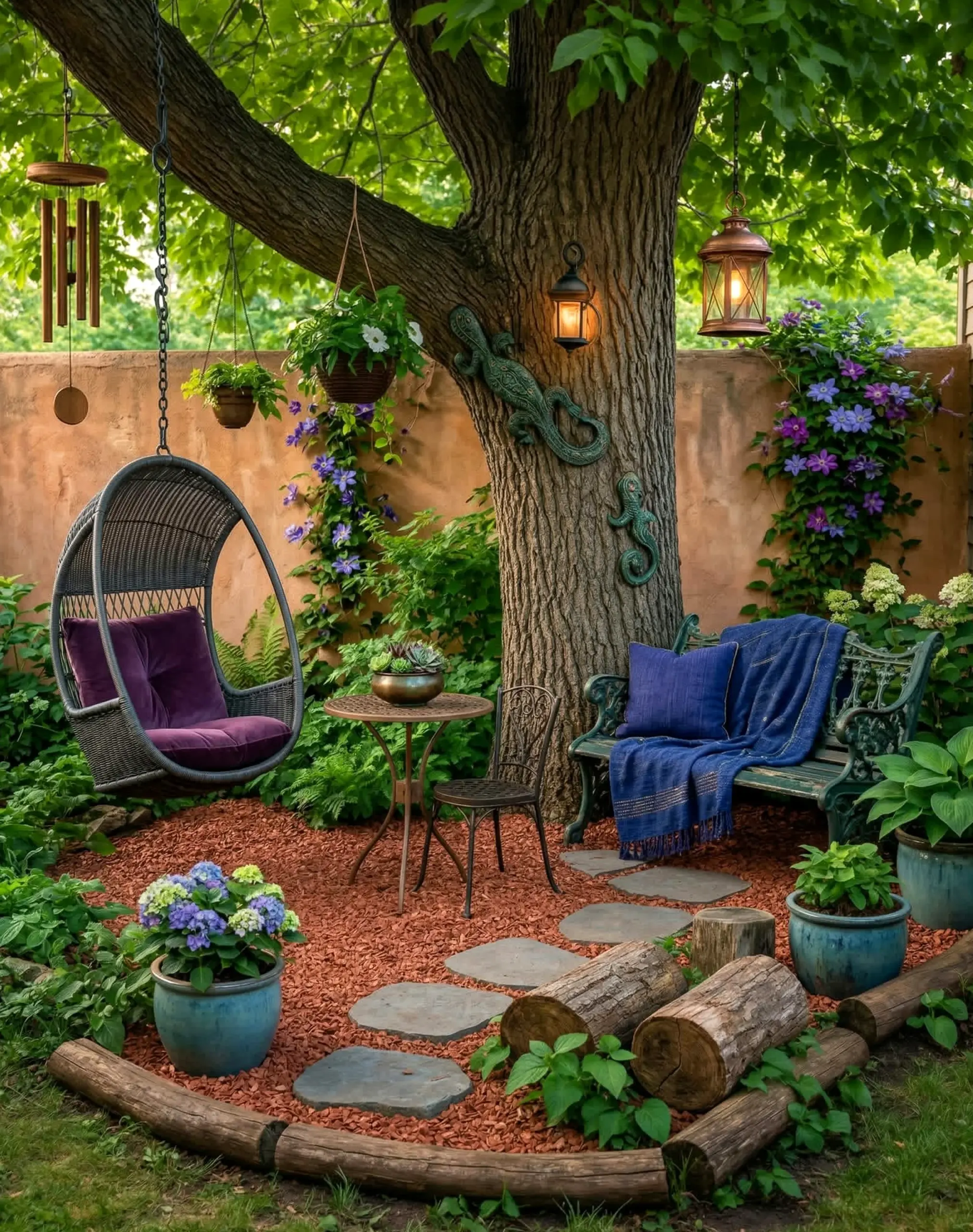Luminous ceiling detail draws attention to contrast while the garden edge stays pleasantly composed.