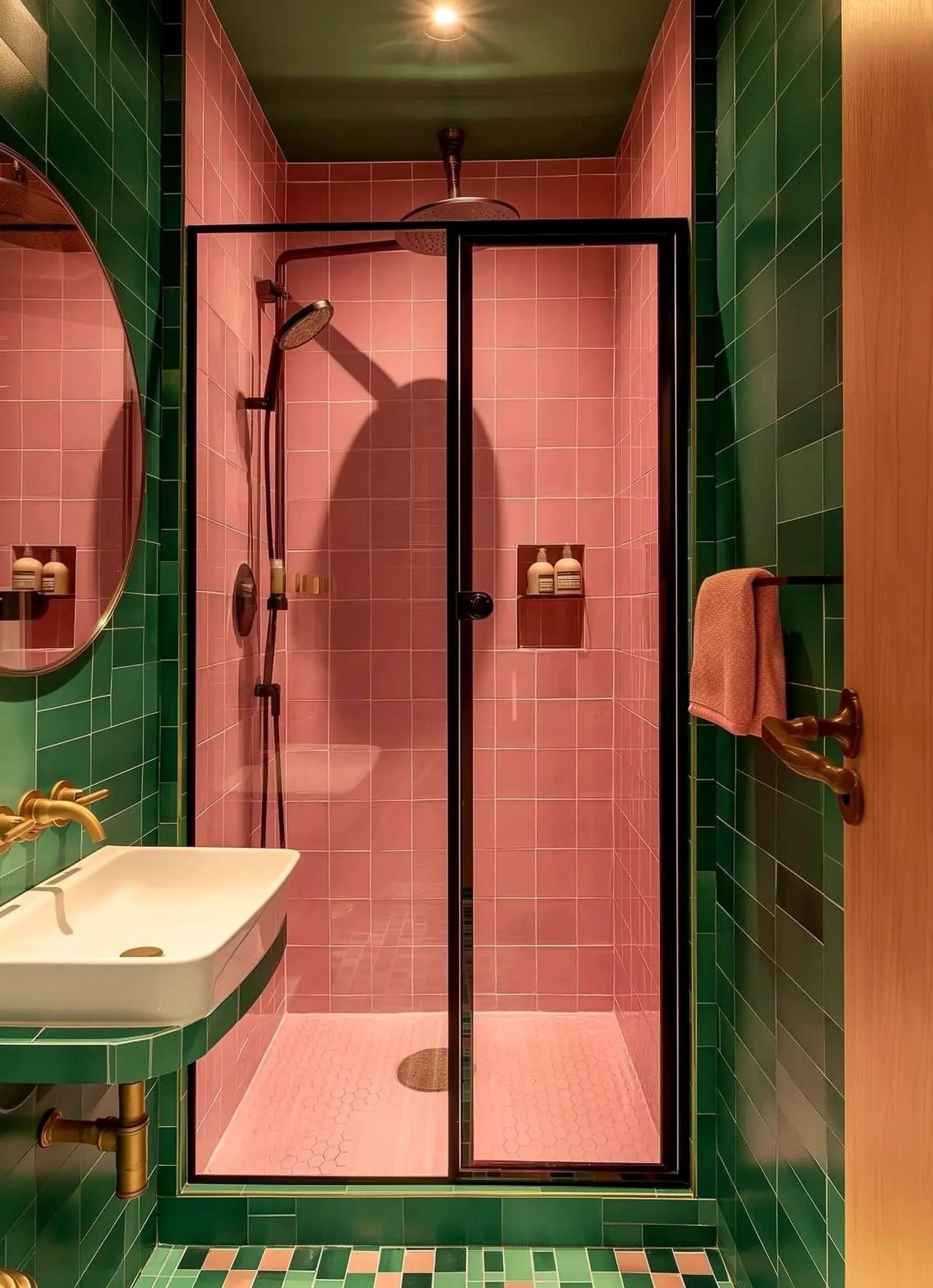 Colorful bathroom vanity brings focus to the entry, creating a mood that feels quietly finished.