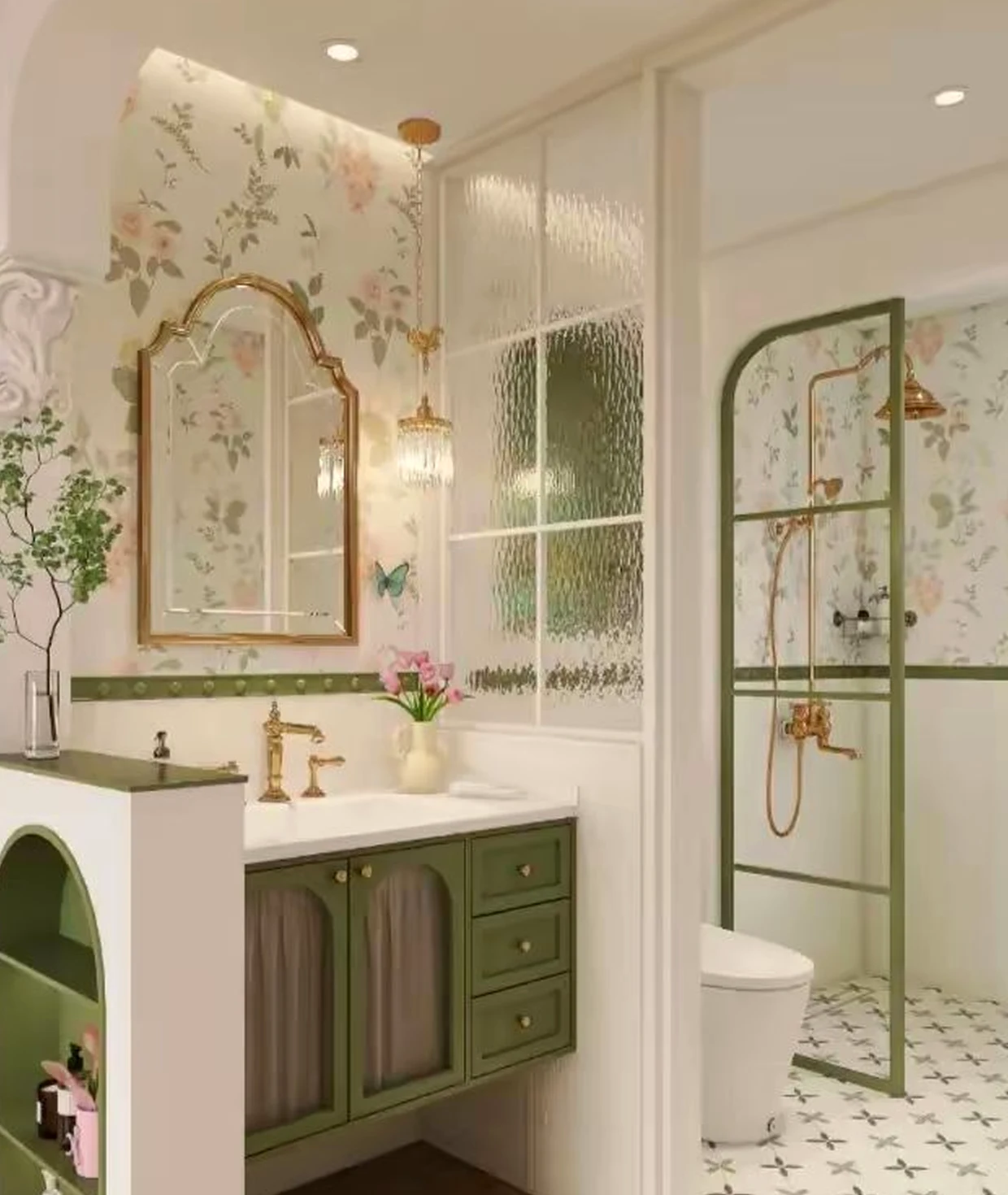 Leafy floral bed anchors the sitting area with texture, giving the view a mood that feels settled and welcoming.