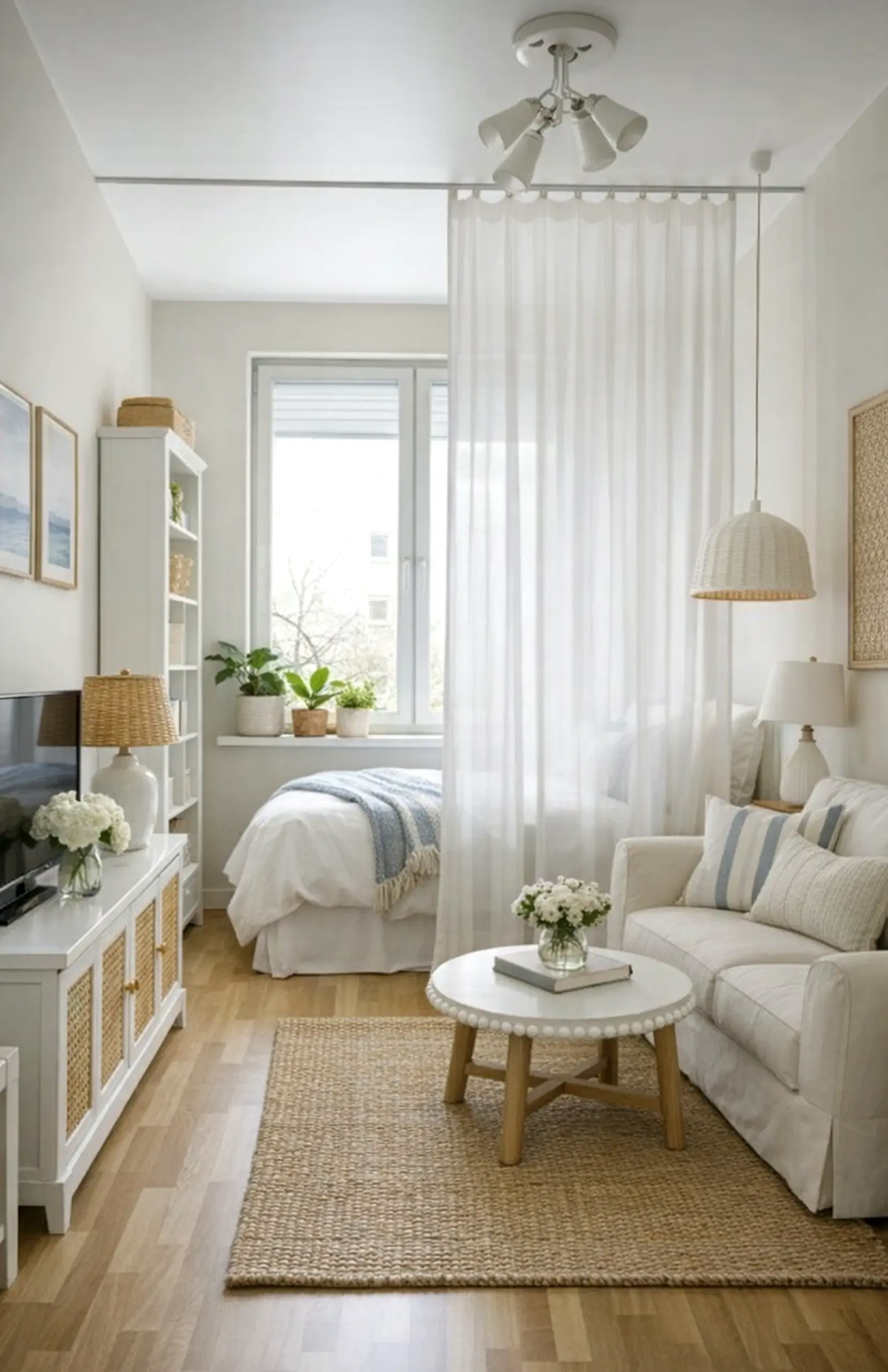 Sunny lamp detail draws attention to warmth while the sitting area stays pleasantly composed.