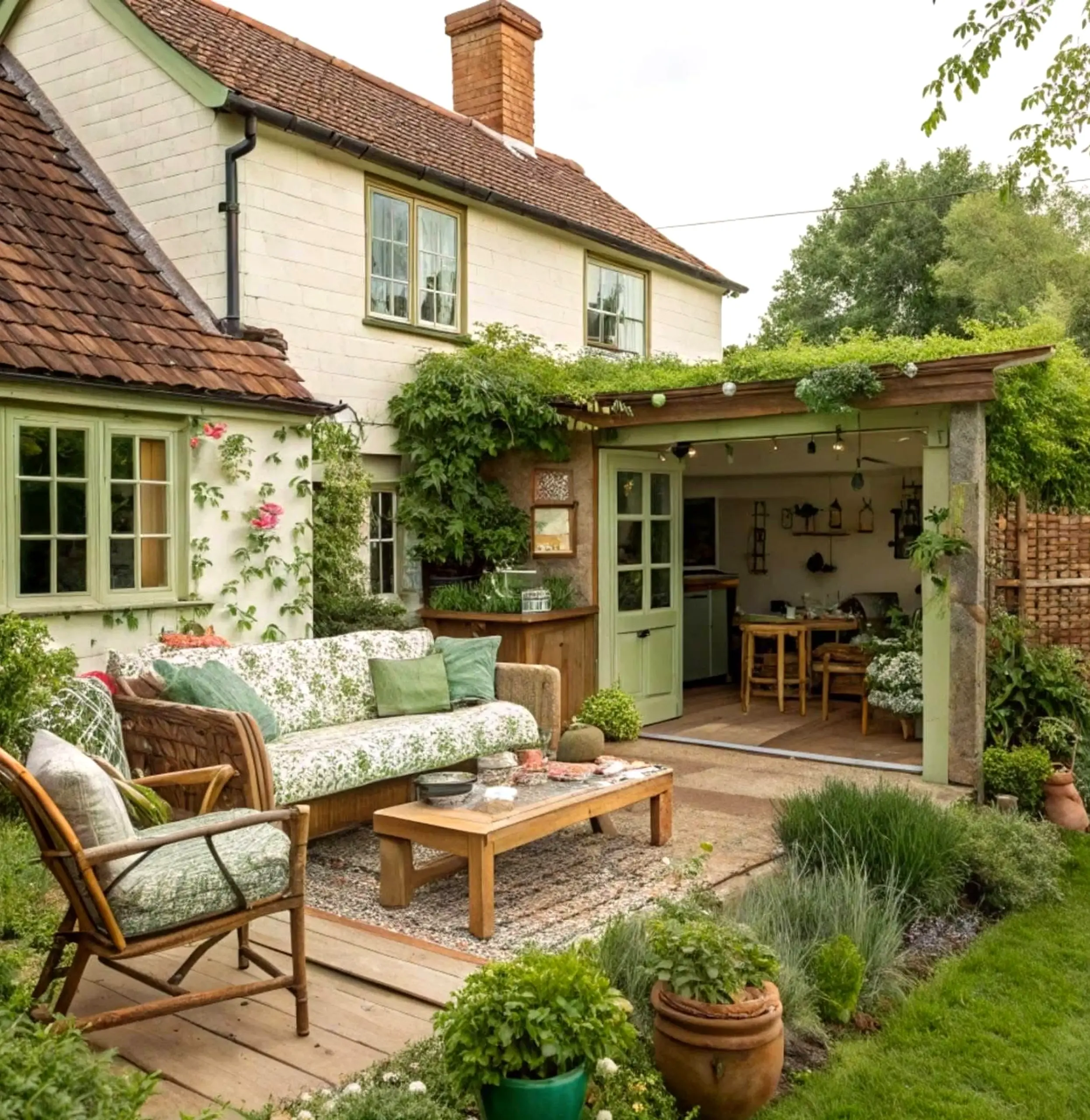 Graceful garden seating frames the design with softness, making the scene feel clear and inviting.