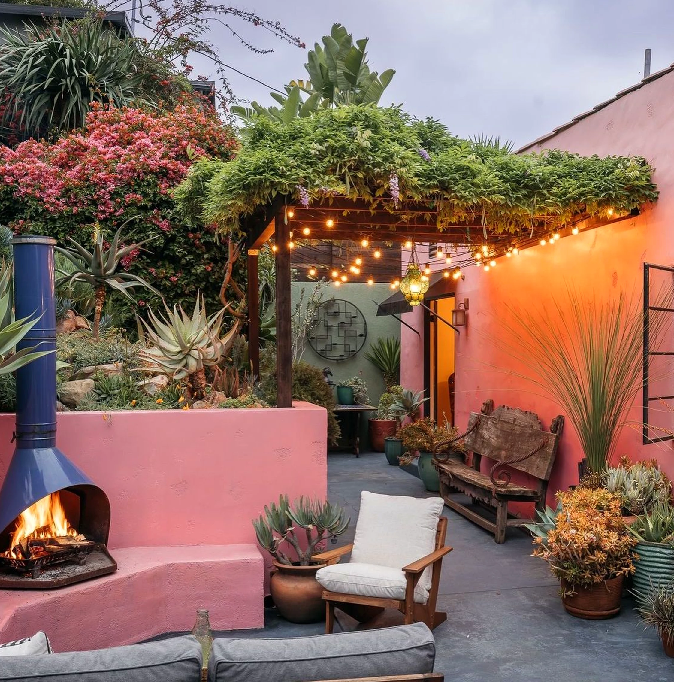 Luminous patio corner draws attention to order while the wall stays pleasantly composed.