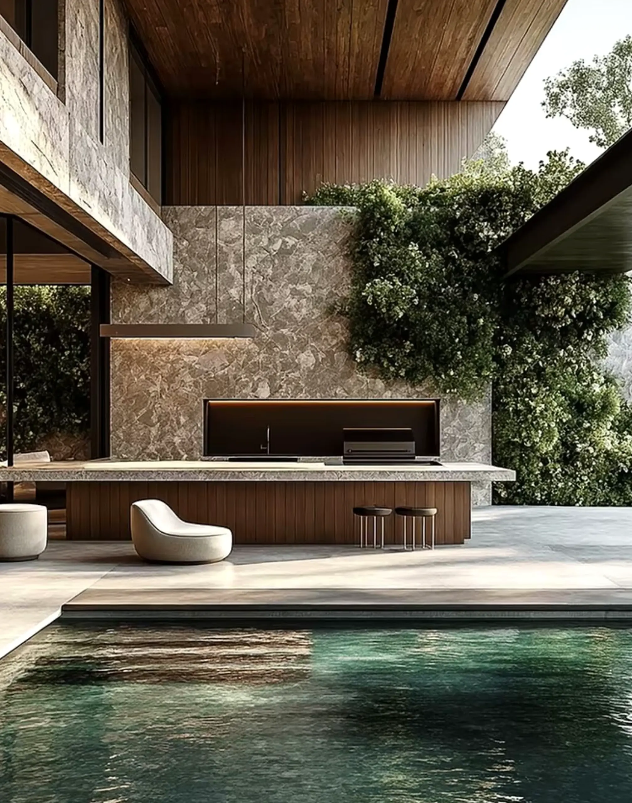 Compact garden seating introduces comfort into the composition, keeping the atmosphere easy to enjoy.
