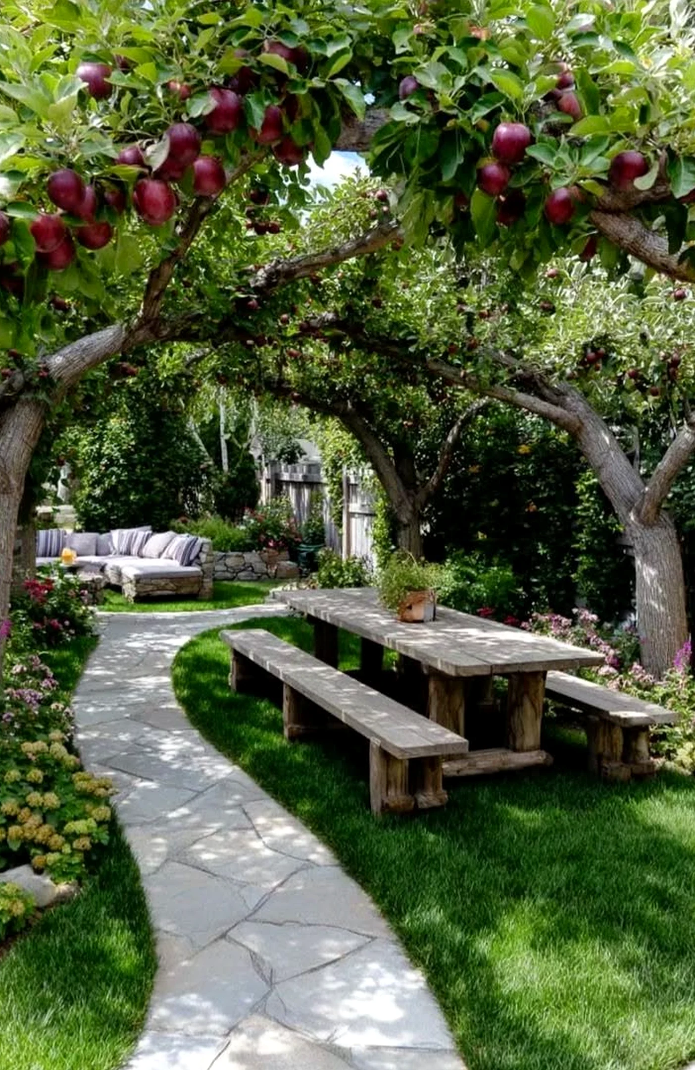 Warm stair landing anchors the garden edge with clarity, giving the view a mood that feels easy to enjoy.