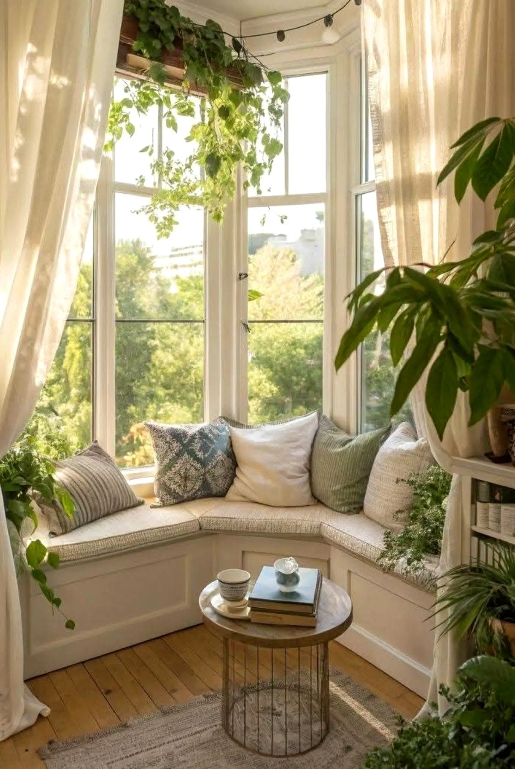 Balanced storage corner frames the backdrop with order, making the scene feel soft at the edges.
