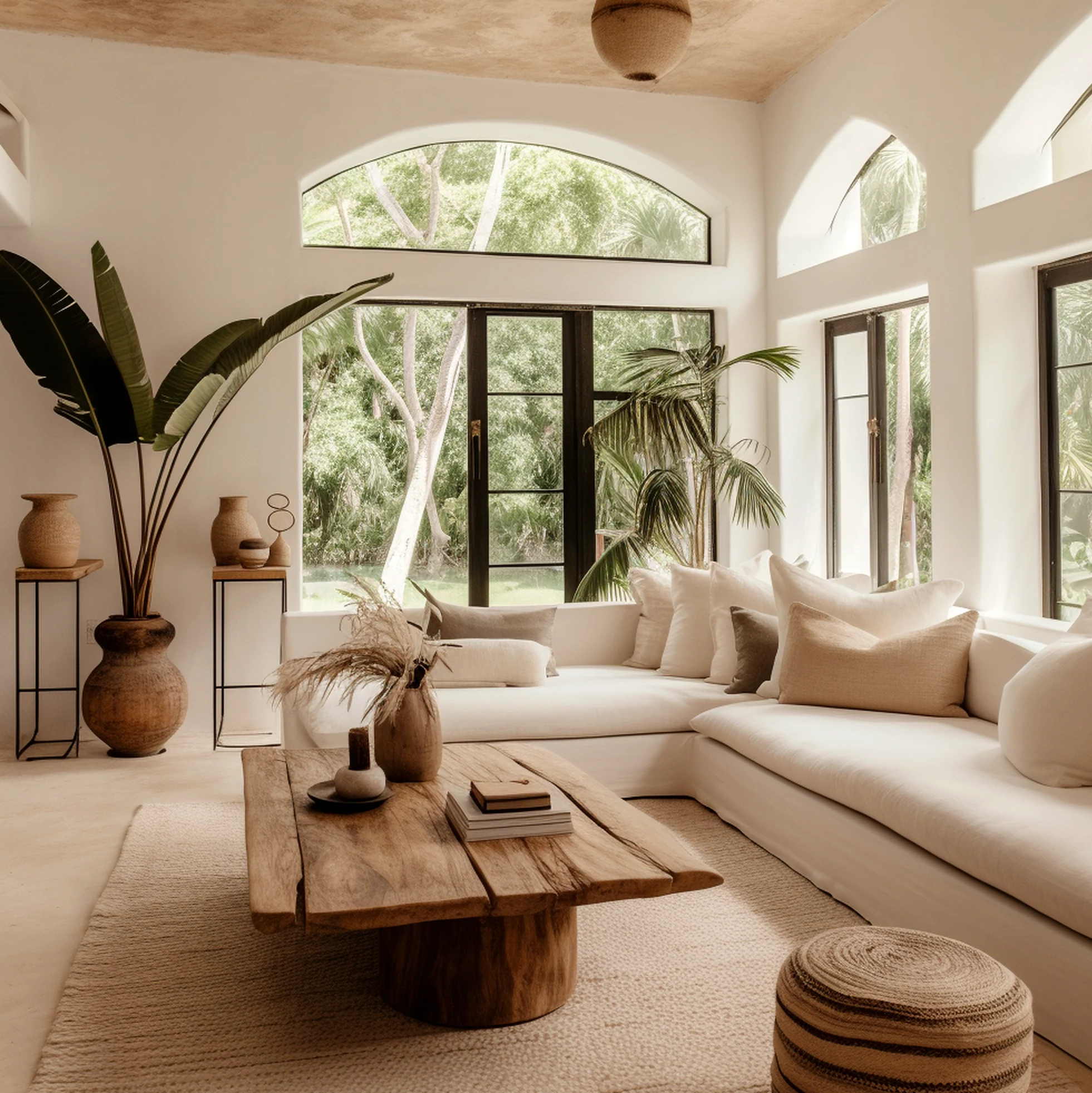 Sunny poolside setting draws attention to order while the room stays open and lived-in.