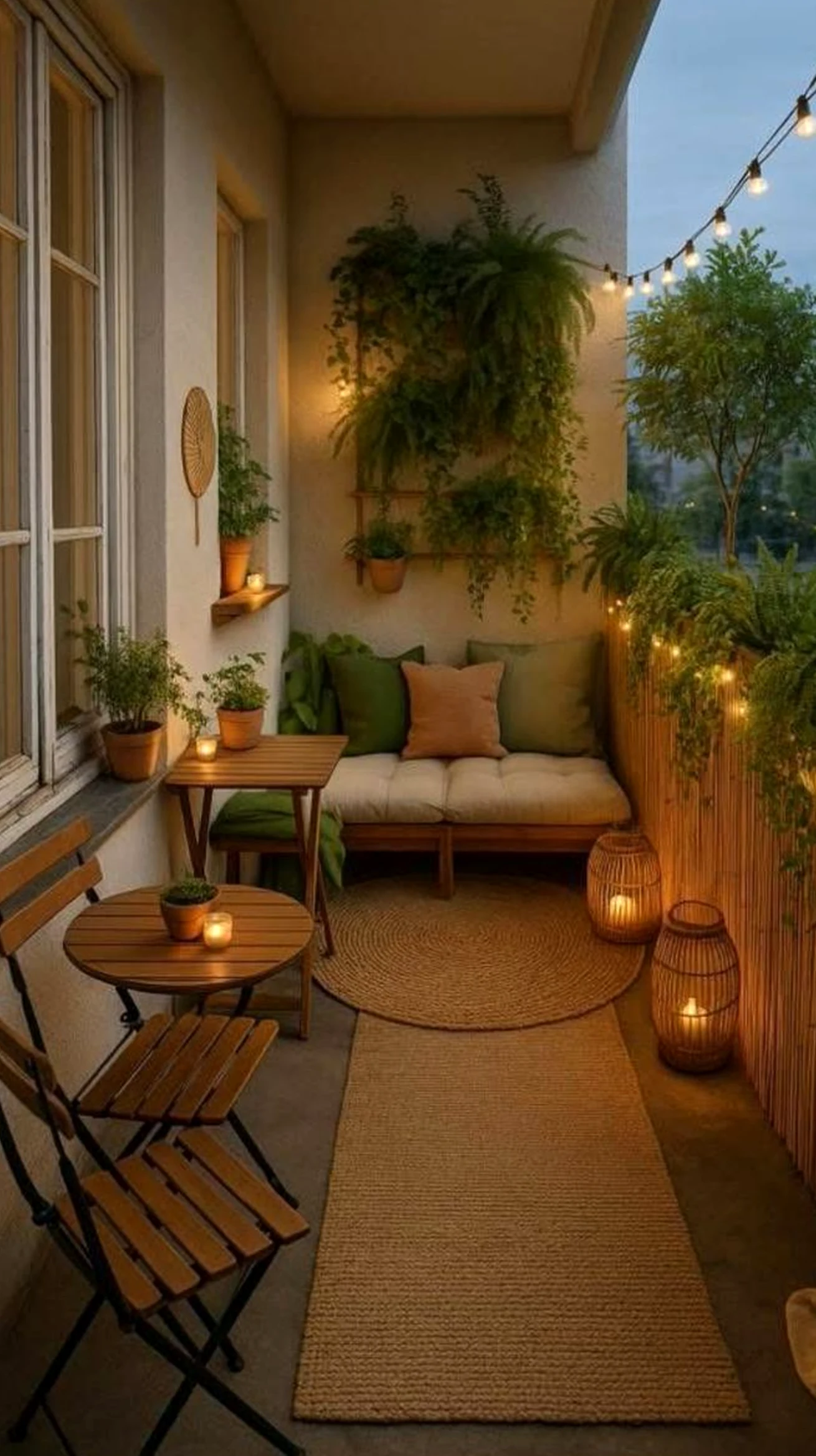 Compact neutral bedroom gives the outdoor space more clarity, so the whole view feels bright but not busy.