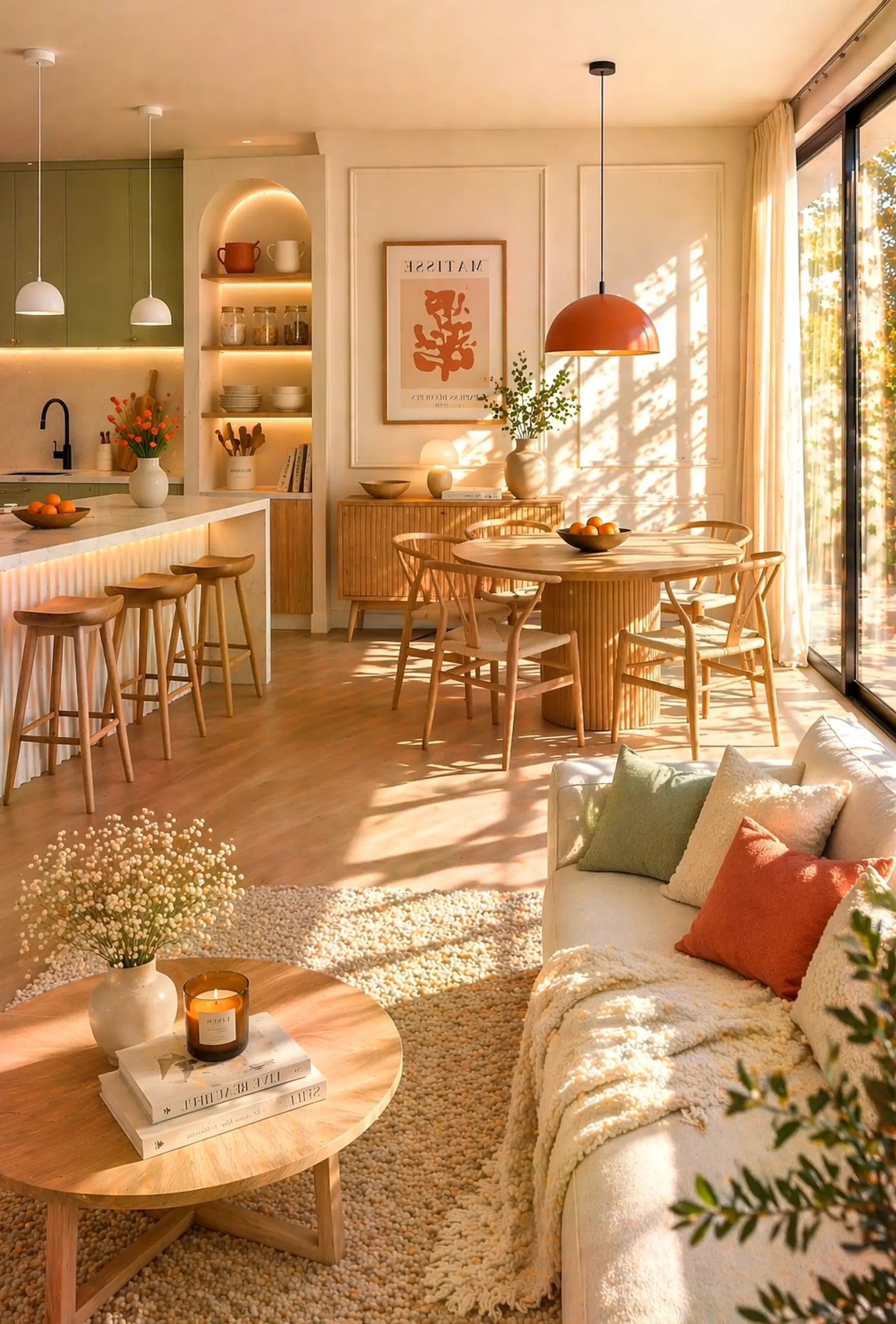 Colorful kitchen nook anchors the backdrop with contrast, giving the view a mood that feels easy to enjoy.