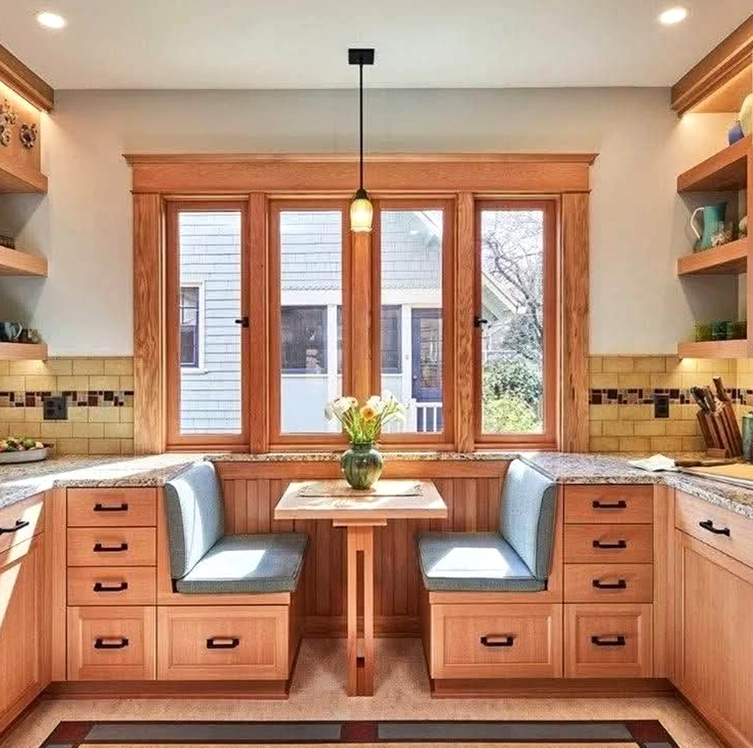 Simple wood shelving anchors the setting with rhythm, giving the view a mood that feels comfortable in daily use.