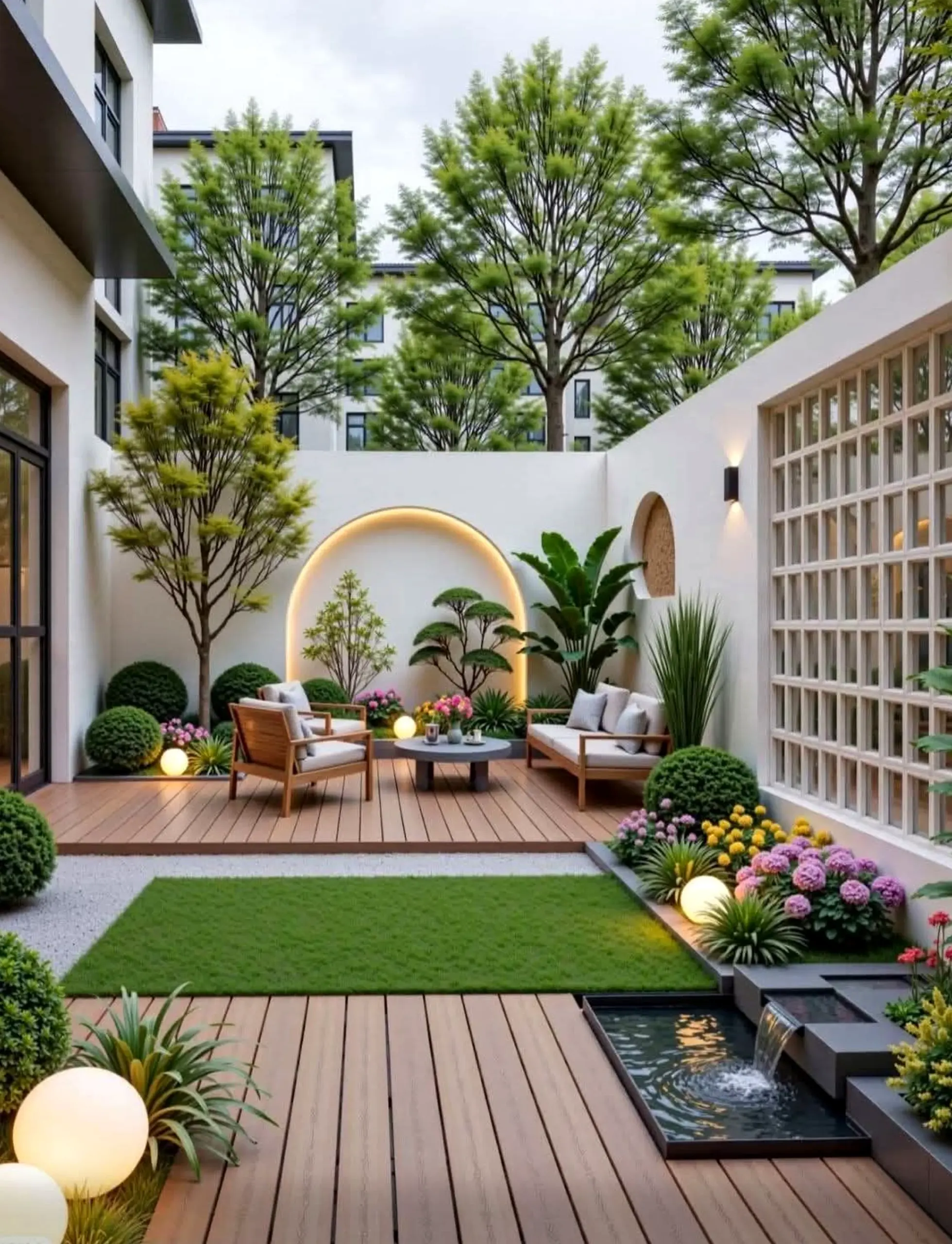 Tactile porch bench brings a useful note of light, making the outdoor space feel clear and inviting.