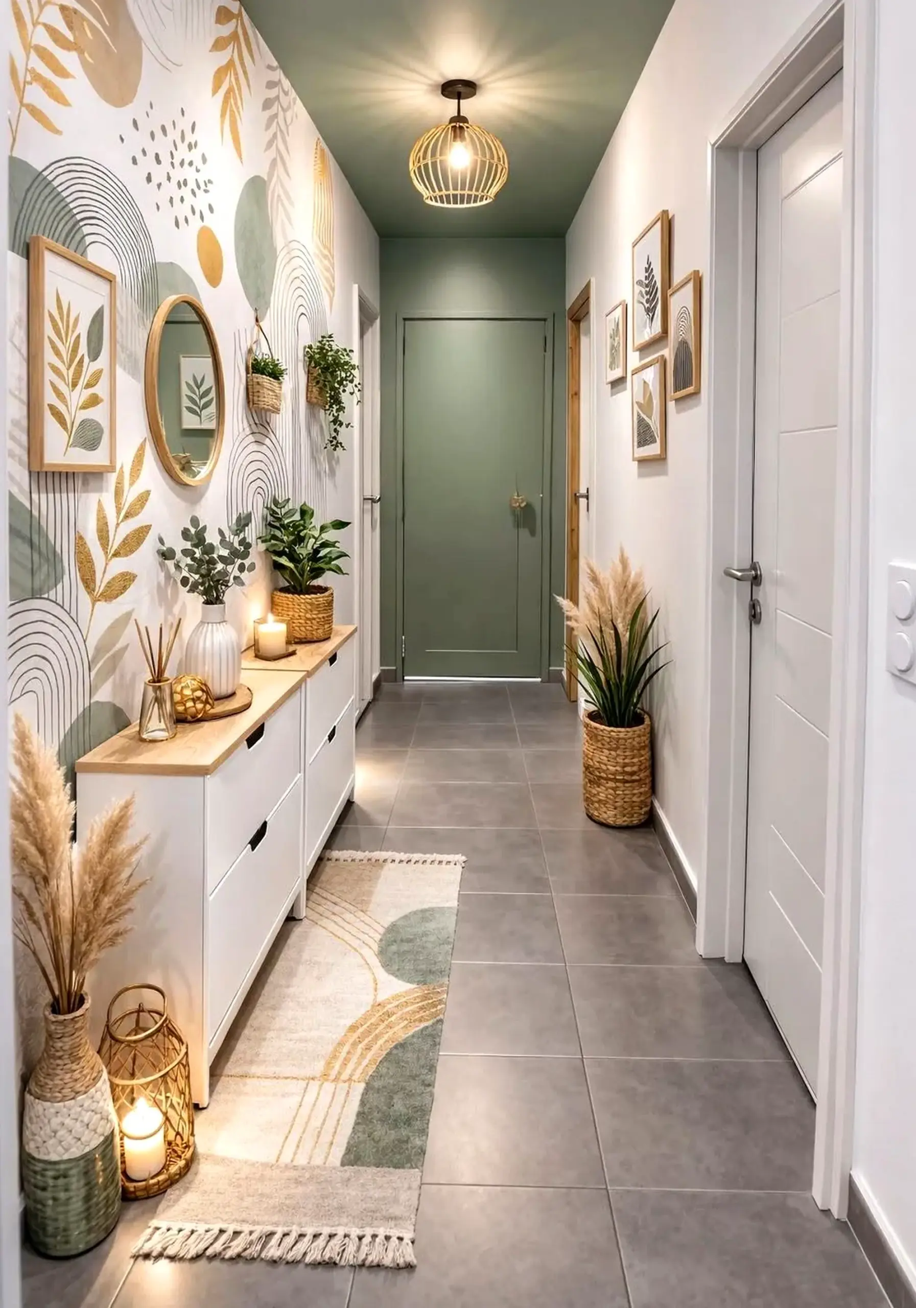 Luminous painted door draws attention to softness while the wall stays clear and inviting.