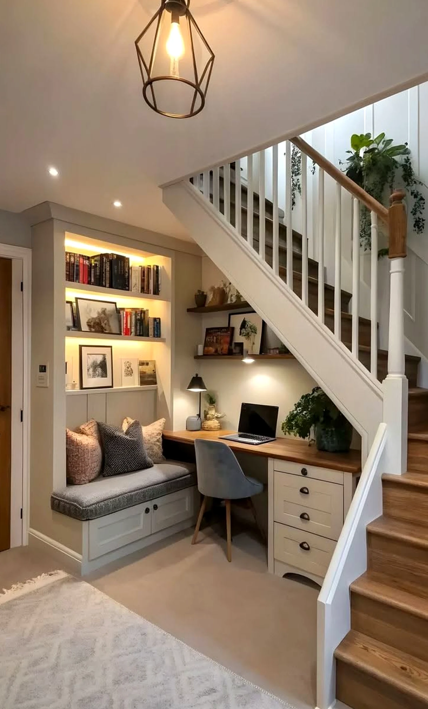 Textured reading corner adds texture across the room, giving the decor a finish that feels visually grounded.