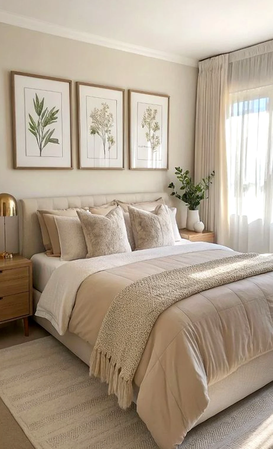 Earthy linen bedding adds warmth across the design, giving the decor a finish that feels quietly finished.